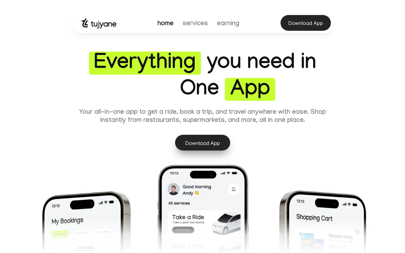 Tujyane website: one app to get a ride, book a trip and shop, shown on three phones
