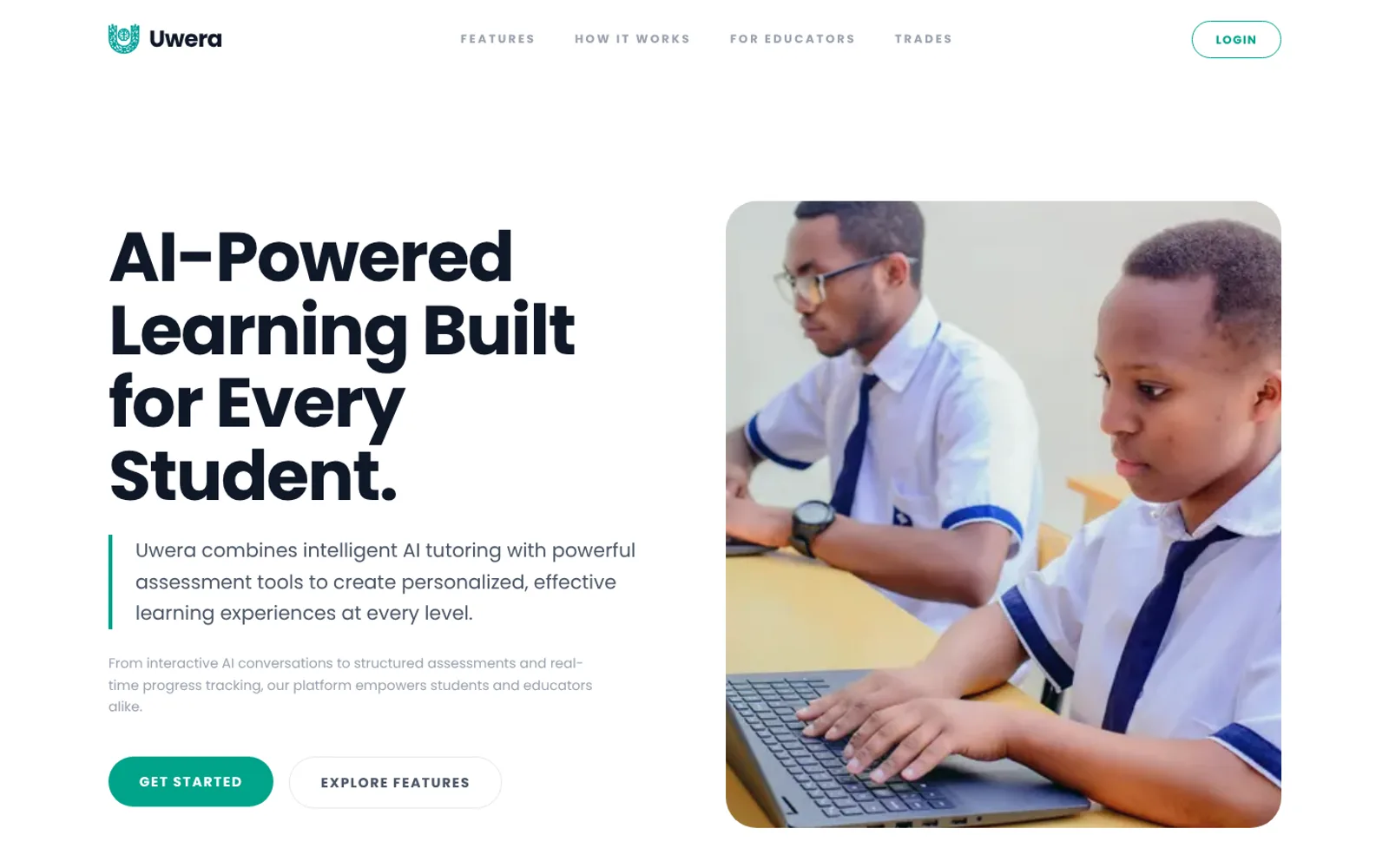 UWERA website: AI powered learning built for every student, with two students working on a laptop
